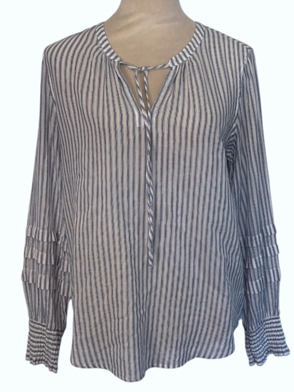 Rails Blue and White Striped Tie-Neck Blouse
